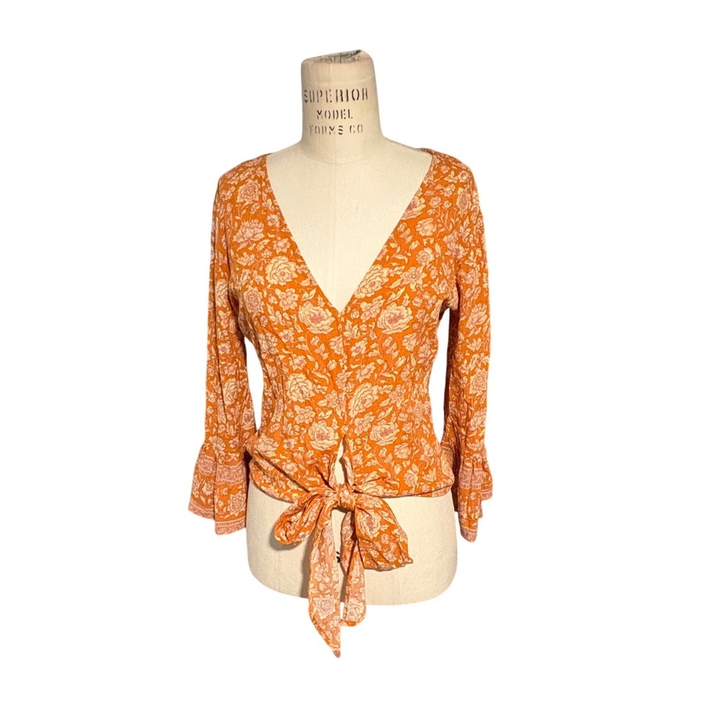 American Eagle Orange Floral Tie Front Bell Sleeve V-Neck Boho Blouse Small